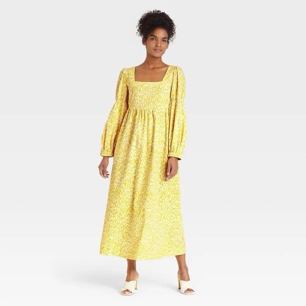 Who What Wear Yellow Citrus Leopard Bell Sleeve Maxi Dress Tiered Small